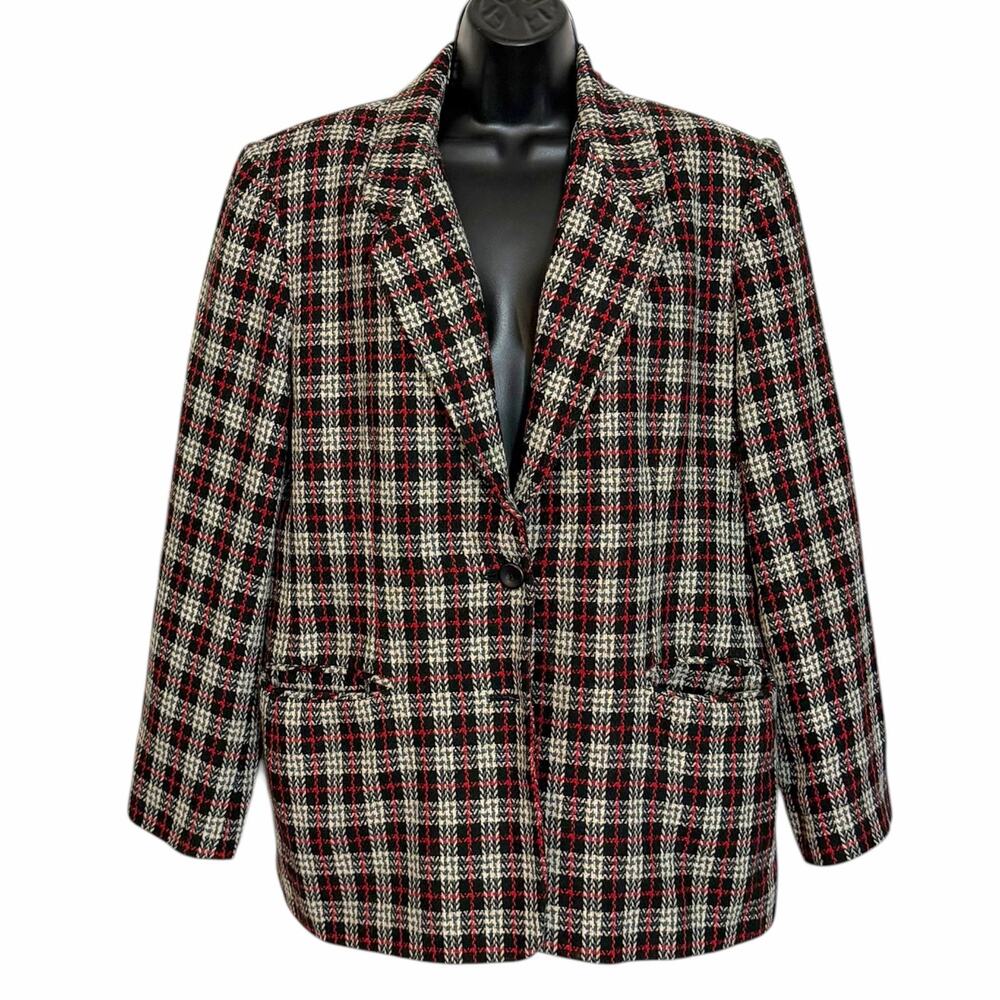 VTG 80S WORTHINGTON PLAID BLAZER JACKET RED BLACK TWEED OVERSIZED COAT 12